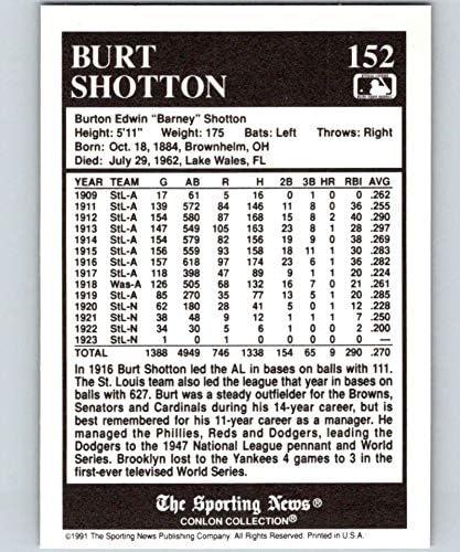 1991 אוסף קונלון עם סדרת הלוגו של MLB הראשון 152 Burt Shotton St. Louis Browns LL כרטיס מסחר רשמי של MLB מ- The Sporting News