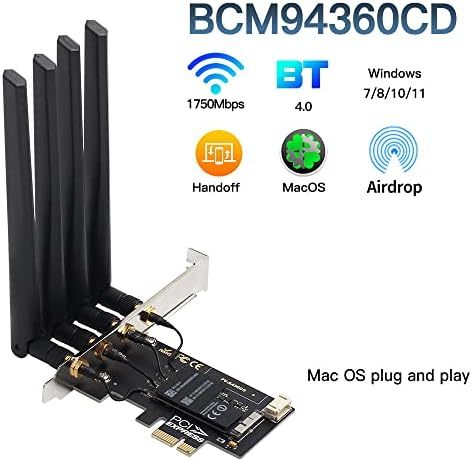 Hackintosh wifi פס כפול MacOS wifi כרטיס BCM94360CD 802.11A/G/N/AC 1750MBPS BT4.0 מתאם רשת PCIE תומך באופן
