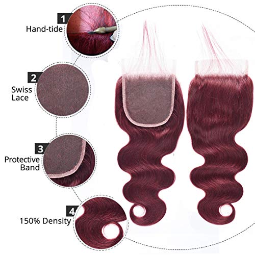 ברזילאי שיער טבעי בורגונדי 3 חבילות עם תחרה 4 על 4 פרונטאלית סגירת גוף גל 99 ג ' יין אדום סגירה עם תינוק שיער