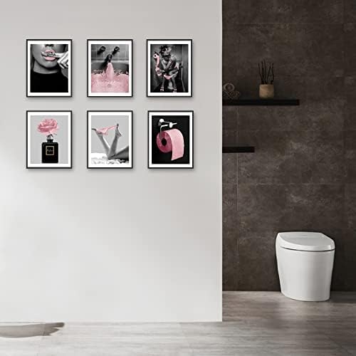 Hoozgee אופנה אמבטיה אמנות אמנות הדפסים סט תפאורה של 6 ורוד גליטר רקמות רקמות בד פוסטרים תמונות תמונות יצירות אמבטיה