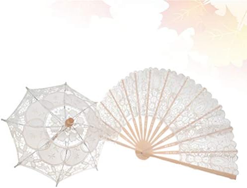 עמוספון תפאורה יפנית 2 יחידים מטריית תחרה לחתונה ומאוורר מטרייה סינית לבנה במבוק מאוורר יד דקורטיבי מטרייה קטנה