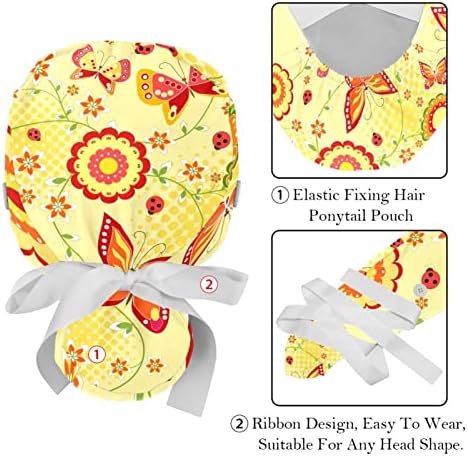 2 חבילות כובע עבודה של נשים עם כפתורים סרט קושרים פרפר לאחור על כיסויי השיער הארוכים של הפרחים