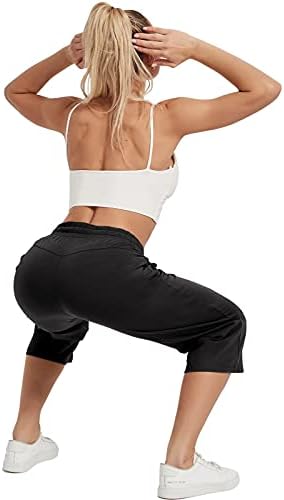 מיוחדקסם נשים של קאפרי מכנסיים רופף יוגה כותנה קפריס מכנסי טרנינג 3 כיסים רחב רגל שרוך פיג ' מה מכנסיים