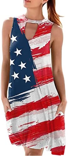4 ביולי שמלה לנשים קיץ שמלת חוף מזדמן דגל אמריקאי ללא שרוולים צווארון חור מנעול כוכבים שמלות קיץ מפוספסות