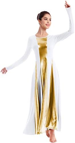 Ibakom נשים ליטורגי שמלת ריקוד לירית רופפת בכושר באורך מלא שרוול ארוך בלט תחפושת פולחן מתכתי