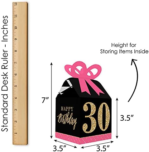 נקודה גדולה של אושר שיק שיק יום הולדת 30 - ורוד, שחור וזהב - קופסאות מתנה לטובת מרובע - קופסאות קשת מסיבת יום הולדת - סט של