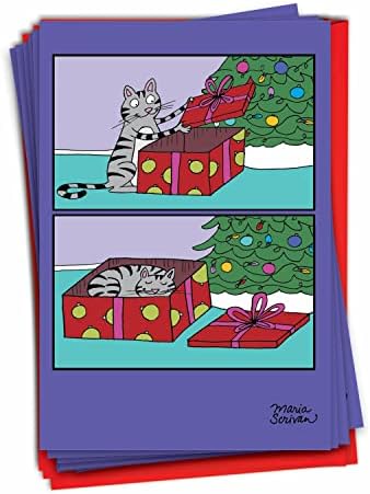 נובלוורקס-12 כרטיסי חג שמח מצחיק - סט קופסאות של חיות מצוירות, הומור חגיגי כרטיסי חג המולד לחג המולד-חתול נוכח