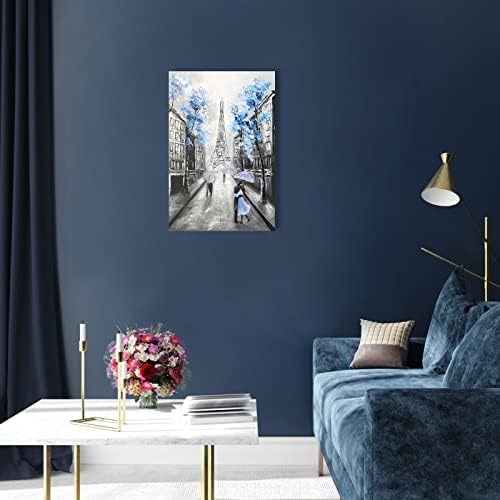 Ypy מופשט קיר קיר קיר פריז: שחור לבן איפל מגדל תמונה לעיצוב סלון, אפור כחול ציור שמן מרקם ביד, יצירות אמנות מודרניות