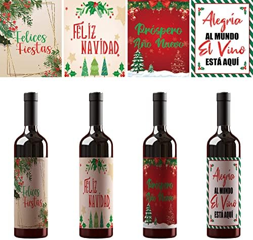 FELIZ NAVIDAD - סט של 8 מדבקות בקבוק יין לחג המולד ספרדי, מתנות לחג, קישוטים למסיבות לנשים וגברים