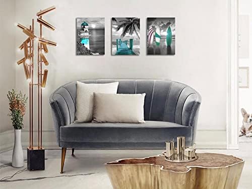 Arjun Teal Canvas קיר אמנות קיץ אוקיינוס ​​מגדלור ציור תמונות עץ דקל תמונות גלשן ממוסגרות 12 X16 X3 לוחות, יצירות