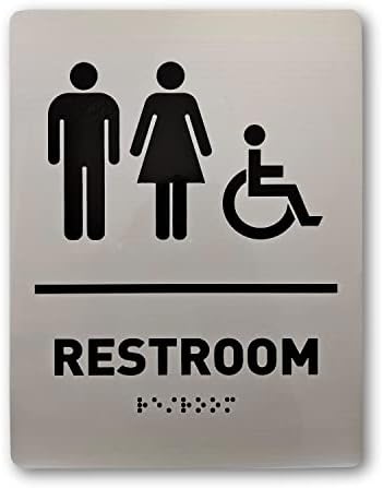 שלט שירותים של יוניסקס/כסא גלגלים עם ברייל - כסא גלגלים נגיש ומוברש שלט אמבטיה אלומיניום, 6 x 8 אינץ