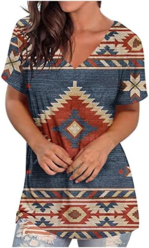 חולצות T צוואר לנשים לנשים אצטק אצטק צמרות קיץ רופפות חולצות חולצות הוואי מזדמנים וינטג 'גיאומטרי אתני