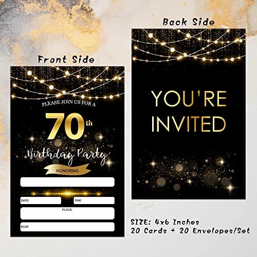 הזמנות ליום הולדת 70 עם מעטפות - מילוי זהב שחור נצנצים מזמין כרטיסים - כרטיס הזמנה למסיבת יום הולדת להפתיע עבורו/לה