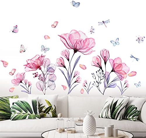 Prabahdak פרחים ורודים מדבקות קיר קיר פרפרים נשלפים מדבקות קיר פרח