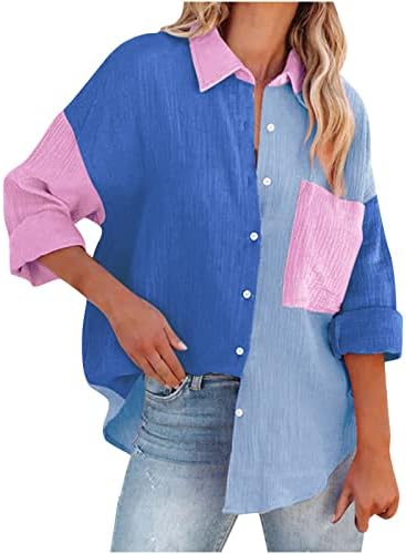 נשים כפתור כפתור למטה חולצה אופנה חולצות שרוול ארוך מזדמן ניגודיות בצבע בנות עליונות בנות צוואר צוואר צוואר צוואר