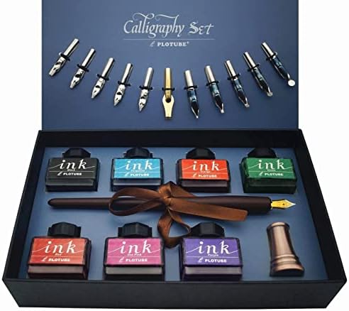 סט עט קליגרפיה פלוטובה-כולל עט טבילה מעץ, מחזיק פליז עתיק, 11 שפיץ, בקבוקי דיו 7 צבעים ומדריך למתחילים