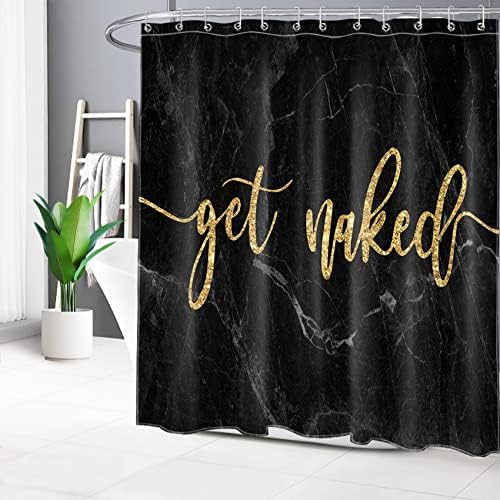 השג עיצוב וילון מקלחת שחור עירום, גופן זהב ציטוטים מצחיקים על וילונות מקלחת שיש שחור וזהב לחדר אמבטיה 72x78 אינץ