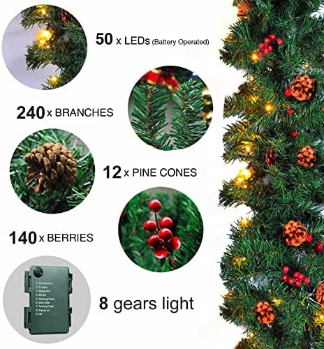 Gelivable 9 ft מואר לפני מואר, זר חג המולד, ירוק, 50 אורות חמים, מעוטר באצבע אורן, אוסף חג המולד בחוץ, מקורה, אח, מפלגה ירוקה
