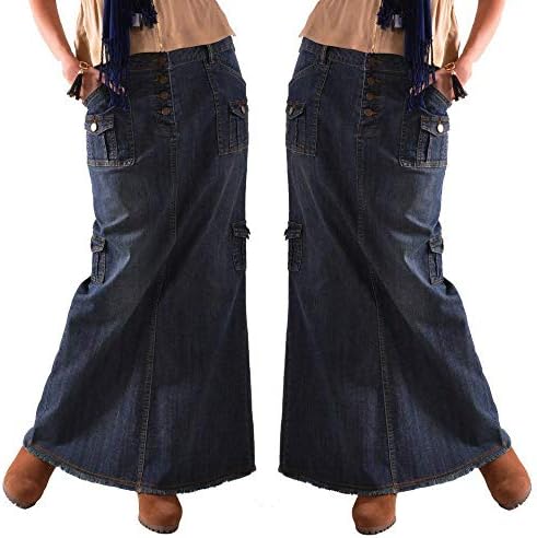 אופנה ישר ארוך אמצע מותניים וינטג 'נשים כפתור ג'ינס מעליב על חצאיות מקסי חצאיות קדמיות חצאיות מקסימיות חצאית