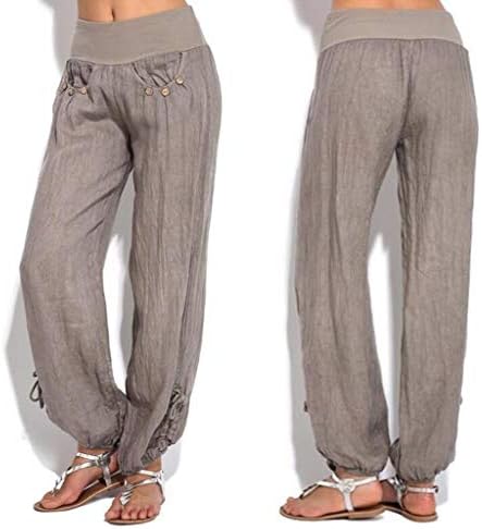 קיץ מזדמן כותנה פשתן מכנסיים לנשים בבאגי ישר רגל מכנסיים גבוהה מותן חוף מכנסיים עם כיסים קומפי מכנסי