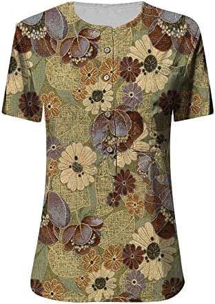 חולצת צוואר כותנה או חולצה לנשים טוניקה מזדמנת שרוולים קצרים צמרות עיצוב אבזם דפוס אביב אביב קיץ רגוע בכושר
