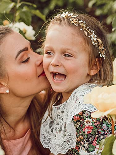 פרח ילדה כיסוי ראש פרל חתונה שיער אביזרי עבור בנות נסיכת זהב פרחים בגימור נזר עבור ראשית הקודש, יום הולדת