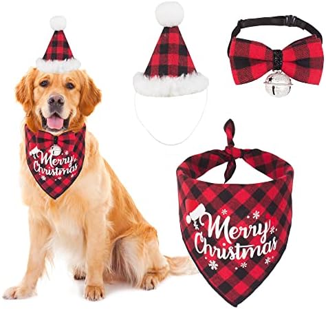 חג המולד כלב בנדנה כובע עניבת פרפר, אדום משובץ כלב כריסטמה בנדנה משולש צעיף כלב חג המולד תלבושת תלבושות אביזרי עבור