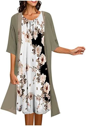 תלבושות 2 קטעי נשים של Cucuham לנשים לנשים הדפס מזדמן שיפון 3/4 שמלת Midi שרוול