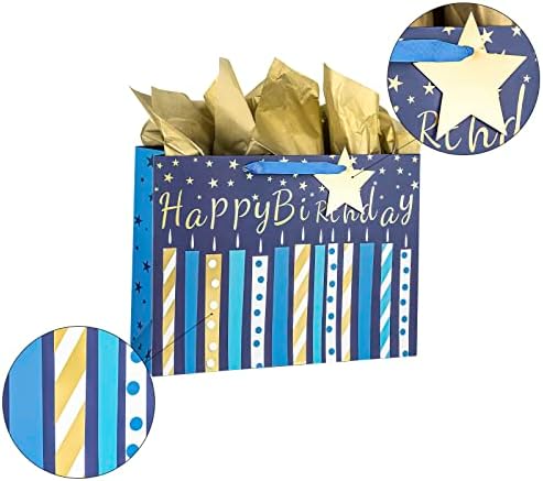 מייפלוס 16 יום הולדת שקית מתנה גדולה עם כרטיס ברכה ונייר טישו ליום הולדת-עיצוב נרות נייר זהב כחול