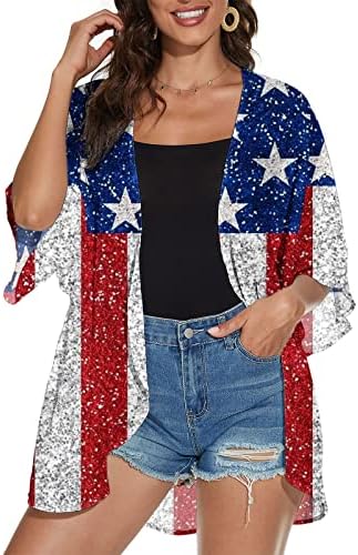 נשים של קימונו קרדיגן רופף מזדמן 3/4 שרוולים וחוף חולצה חולצות אופנה אמריקאי דגל הדפסת חולצה חולצות