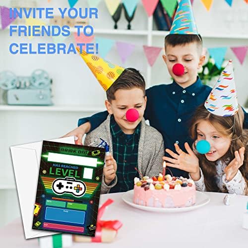 Yqv משחק וידאו הזמנות ליום הולדת לבנים, הזמנות למסיבת יום הולדת של 20 ספירות יום הולדת עם מעטפות, קישוטים למסיבות