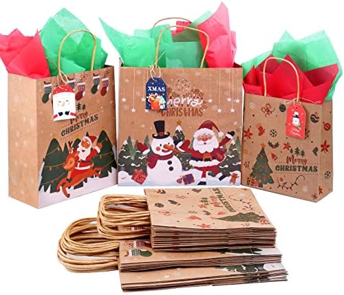 איגבוניפי 24 יחידות גדלים שונים שקיות מתנה קראפט לחג המולד עם ידיות שקיות גודי לחג המולד לאריזת מתנות לבית הספר