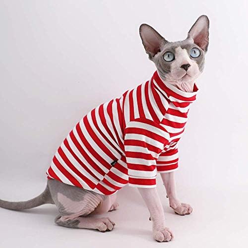Sphynx חתול חסר שיער אדום פס אדום נושם חולצות כותנה בקיץ בגדים לחיות מחמד, חולצות חתלתול צווארון עגול חולצות שרוולים, חתולים