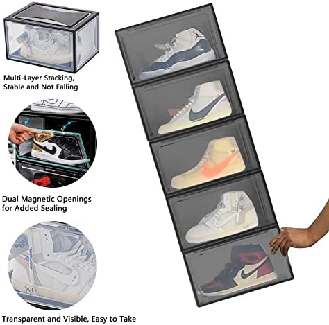 פוגאייר 3 יח 'קופסאות אחסון נעליים שחורות, קל להרכבה של קופסת נעליים מפלסטיק פתיחה בצד, יכול לשמש להצגה ולאחסון נעלי ספורט,