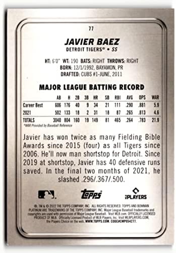 2022 Bowman Platinum 77 Javier Baez NM ליד Tigers Mint