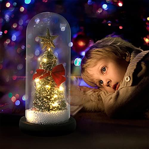 מתנות עץ השולחן לוולנטיין, עצי חג המולד מיני בכיפת זכוכית אור לבנה ופתית שלג, גובה 9 '', מתנה מושלמת לעיצוב מיטה,