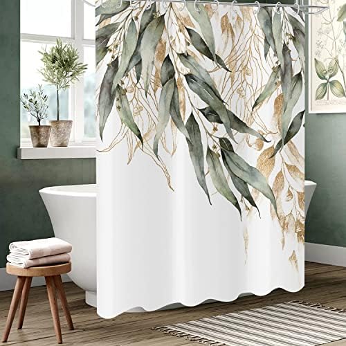 וילון מקלחת ירוק של טאנגס, ענפי זהב ירוק אקליפטוס ירוק צמחי דפוס צמחי אמבטיה בוטניים בד אטום למים עם ווים לעיצוב
