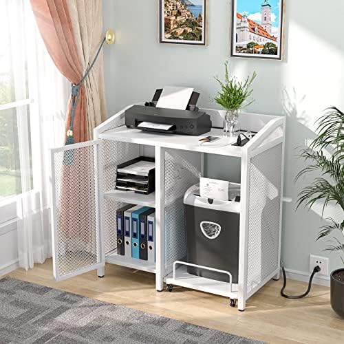 ארונות תיוק של Unikito עם מדפי אחסון מתכווננים, מדפסת משרדים ביתיים עם שקעים, שולחן מדפסת גדול לשולחן העבודה, עמדת מגרסת נייר