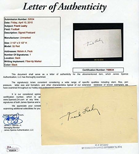 פרנק ליהי ג ' יי. אס. איי. ק. א. חתימה 3 על 5 כרטיס אינדקס יד חתומה אותנטית-חתימות חתך מכללות