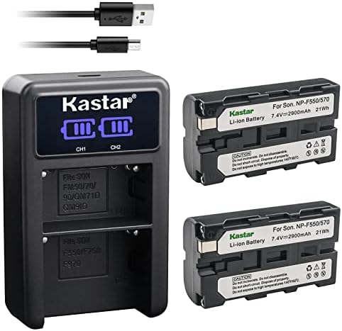 KASTAR 2-PACK NP-F570 סוללה ו- LED2 מטען USB תואם ל- HDR-FX1 HDR-FX1000 HDR-FX1000E HDR-FX7 HDR-FX7E HDV-FX1 HDV-Z1