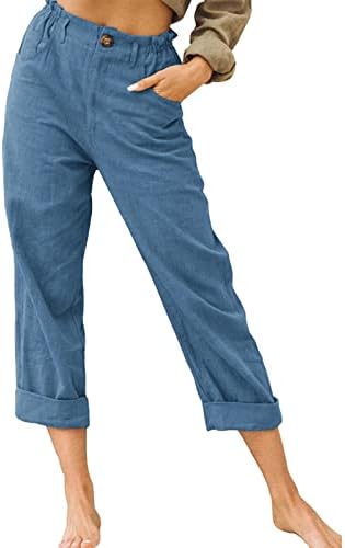 מכנסי רגל רחבים לנשים מכנסיים מותניים אלסטיים מכנסיים עלייה גבוהה מכנסיים קרסול מכנסי קיץ עם מכנסי קיץ עם כיס