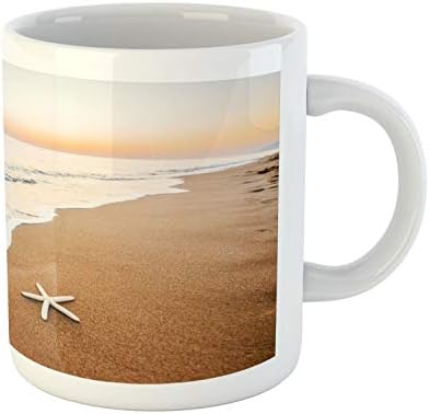 ספל חוף גניוקאר, קומפוזיציה של כוכבי ים על שקיעה של גלי חול וגלי אוקיינוס, כוס ספל קפה קרמיקה למשקאות תה מים, 11 גרם,
