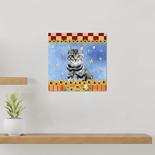 Evans1nism שלט עץ חתול חמניות חמניות פרפר תליה שלט קיר אדום משובץ באפלו משובץ סגנון קיר עיצוב חווה חיות חווה עתיק עיצוב