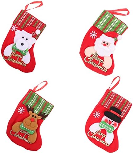 גרביים מיני לחג המולד קישוטים תלויים: 4 יחידות חג המולד גרביים שקיות מתנה ממתקים עם סנטה פתית שלג איילים דוב שולחן חופשה
