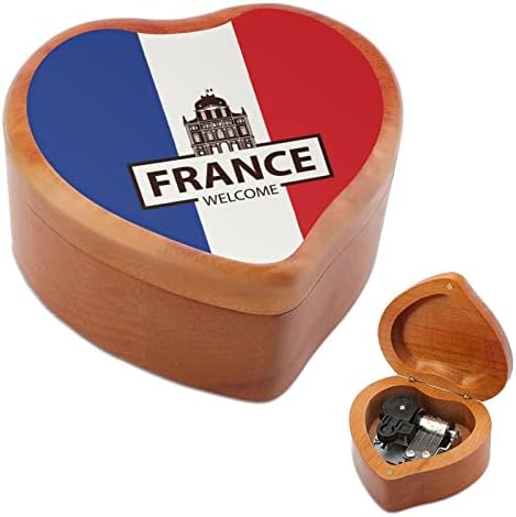 צרפת דגל ברוך הבא קופסת מוסיקה מעץ צורה לב קופסאות מוזיקליות קופסאות עץ וינטג 'למתנה