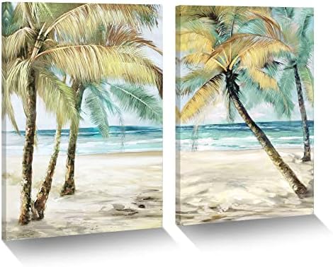 טרופי חוף בד ציור: מודרני 2 חתיכות חוף ים כף עץ קיר אמנות אוקיינוס גל נוף ימי תמונה מרגיע חוף ים סקייליין יצירות אמנות מופשט