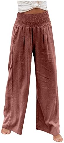 מכנסיים לנשים, פשתן כותנה קלאסית מכנסיים זורמים של מכנסי חוף עם כיסים