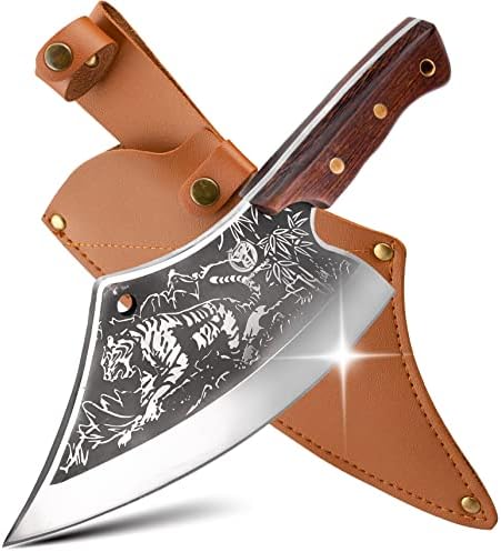 ZENG JIA DAO SEAT CLEAVER סכינים עם נדן - 8 '' סכין קצבים מזויפת ביד עם סגנון נמר - סכין חיתוך כבד - יריב לסכין דמשק