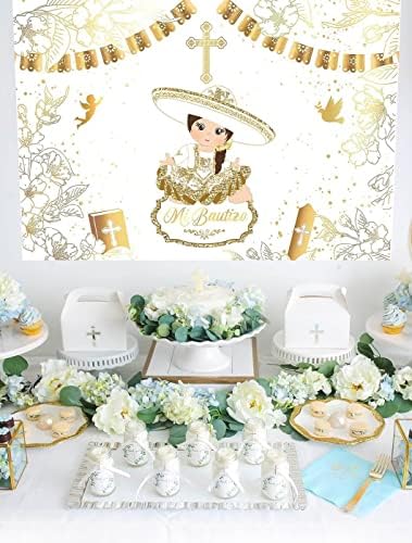 HUAYI MI BAUTIZO תפאורה מקסיקנית זהב תינוקת צ'ארו ראשונה רקע ראשון לילדה אלוהים יברך באנר טבילה פיאסטה צילום קישוט תמונה