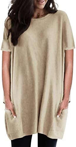 חולצות פשתן של נוקמופו לנשים אופנה שרוולים קצרים רופפים כיסים מזדמנים בצבע אחיד חולצת טריקו צוואר עגול
